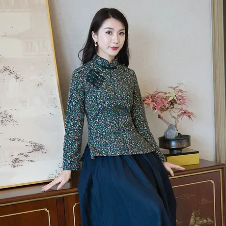 筠雅旗袍式上衣唐装中国风女装棉麻复古原创碎花长袖茶服中式女装图片