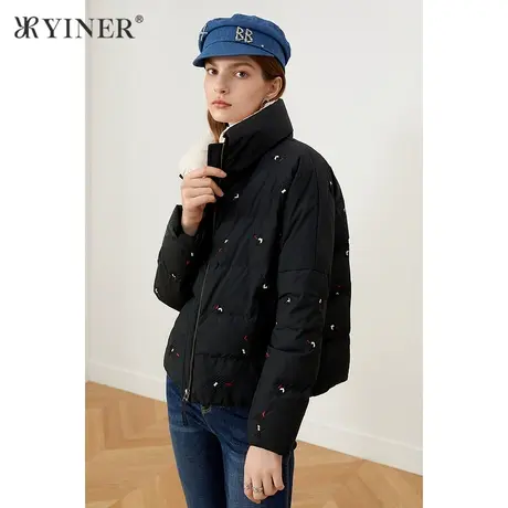 YINER音儿奥莱女装冬季绣花短款立领羽绒服图片