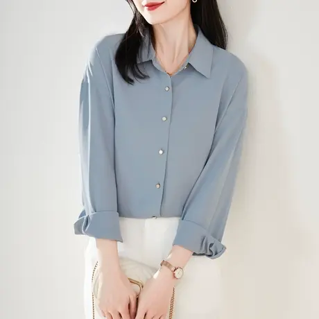 娅丽达女士白色衬衫2023秋季新款方领气质高级感职业长袖蓝色衬衣图片