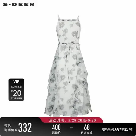 sdeer圣迪奥女装复古印花网纱荷叶边吊带连衣裙S242Z1266图片