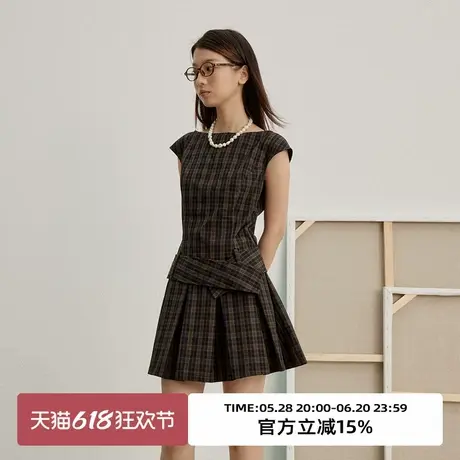 omont蛋挞家 复古格纹一字领连衣裙夏季设计感收腰显瘦百褶裙短裙图片