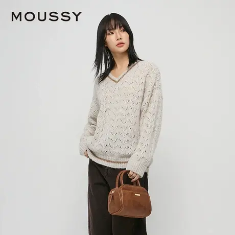 MOUSSY 夏季新品撞边V领毛绒针织衫慵懒感毛衣028HAZ70-2241图片
