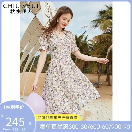 秋水伊人2022年夏装新款女装撞色碎花蕾丝拼接小V领灯笼袖连衣裙图片