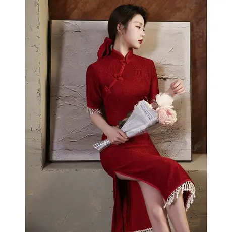 旗袍敬酒服新娘2023新款夏季酒红色平时可穿结婚订婚回门礼服流苏图片