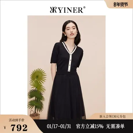 YINER音儿专选女装夏季法式优雅V领小黑裙木耳边网纱连衣裙图片