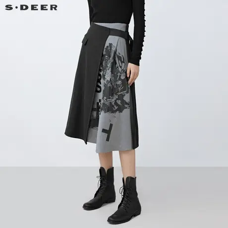 sdeer圣迪奥冬装时尚撞色拼接不规则毛呢半身裙S21461113图片
