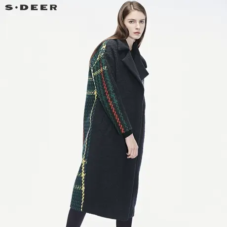 sdeer圣迪奥多色个性针织新潮布贴装饰H廓形平驳领大衣S18481821图片
