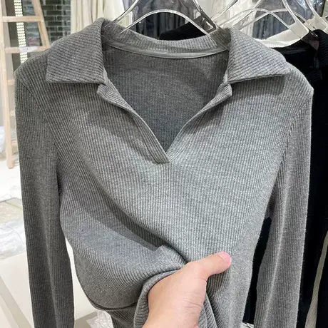 高端欧货翻领针织打底衫女秋冬内搭显瘦长袖t恤ins修身洋气上衣服图片