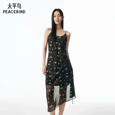 【商场同款】太平鸟吊带碎花连衣裙女2025新飘逸雪纺设计感裙子长图片