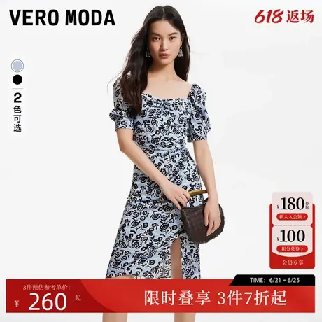 Vero Moda连衣裙2024春季新款雪纺玫瑰印花直筒泡泡袖方领优雅图片