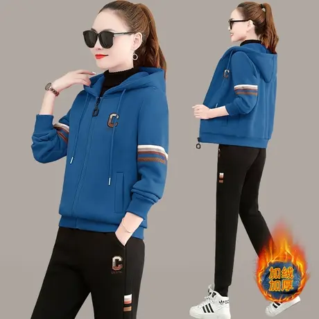 加绒运动套装女秋冬季时尚抓绒保暖拉链卫衣外套加厚休闲服两件套图片
