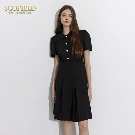 Scofield女装百褶泡泡袖连衣裙黑色优雅长裙短袖雪纺裙夏季裙子图片