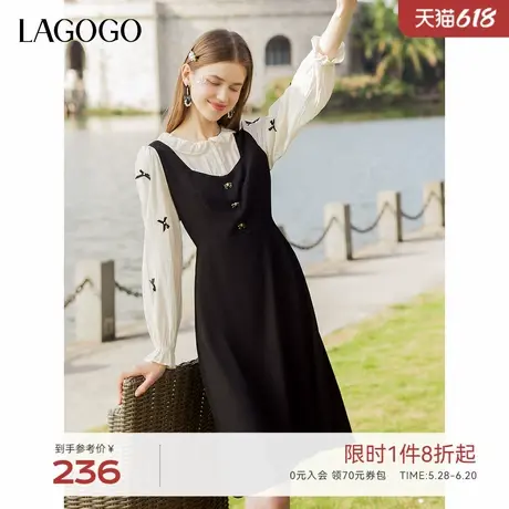 LAGOGO娃娃领撞色假两件连衣裙女拉谷谷春季新款长袖高腰A字裙图片