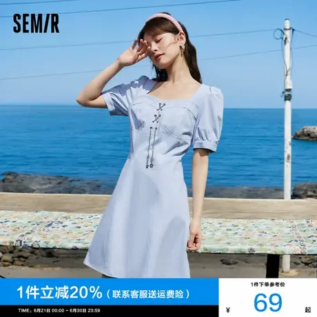 森马连衣裙女泡泡袖方领小个子2024夏季新款蓝色纯棉短裙温柔裙子图片
