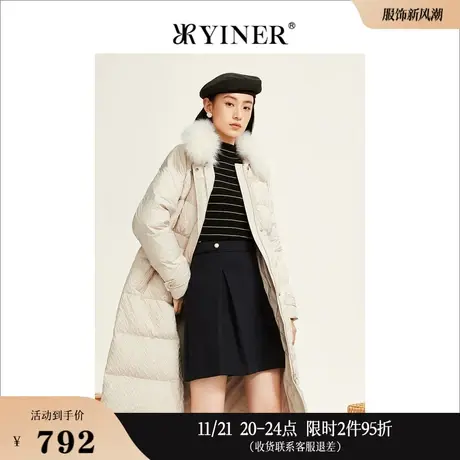 YINER音儿线上专选女装冬季狐狸毛领可拆中长款加厚白鸭绒羽绒服图片