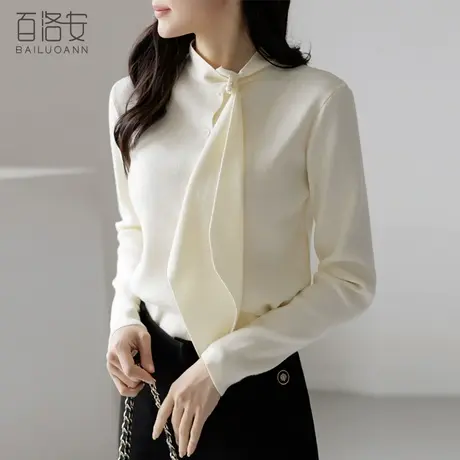 百洛安洋气立领飘带针织衫女开衫2024春新款百搭亲肤长袖毛衣上衣商品大图
