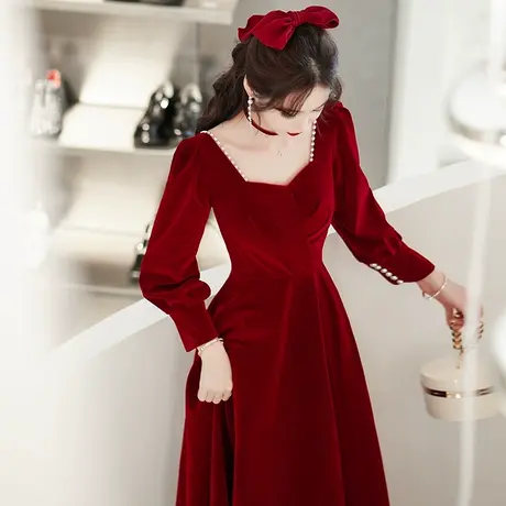 长袖敬酒服新娘2024新款秋冬季结婚订婚礼服连衣裙平时可穿酒红色图片