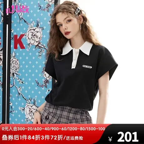 妖精的口袋黑色短袖polo领t恤女2023夏季新款小个子显瘦飞袖上衣图片