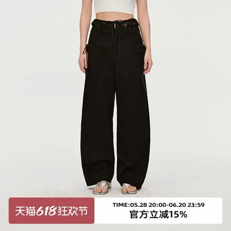 omont蛋挞家 复古蕾丝拼接腰休闲裤子2025春季高腰阔腿弯刀香蕉裤图片