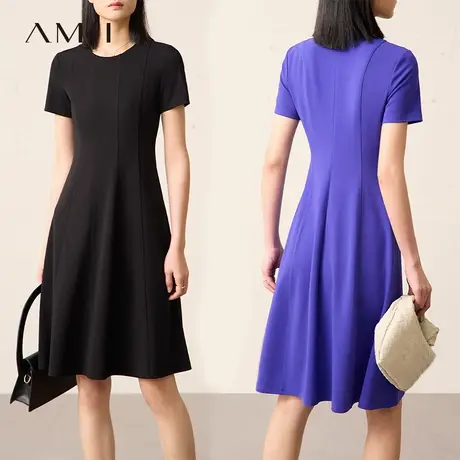 Amii2025夏新款极简纯色优雅短袖修身收腰梭织通勤连衣裙女图片