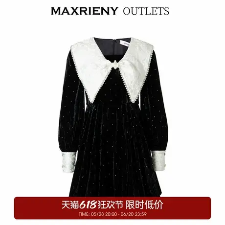 【奥莱】MAXRIENY复古丝绒烫钻连衣裙蝴蝶结领娃娃裙图片