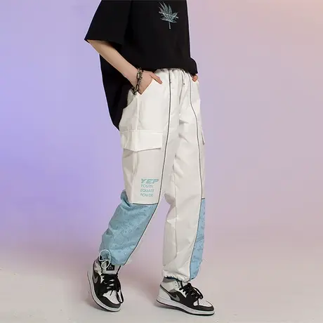 YEP拼接裤子女设计感小众宽松直筒抽绳束脚休闲裤潮反光条运动裤图片