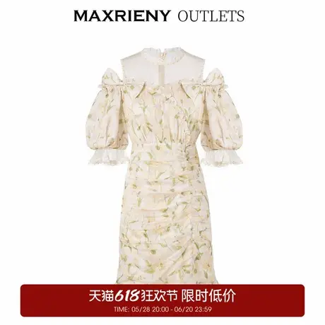 【奥莱】MAXRIENY浅黄蕾丝泡泡袖收褶连衣裙茶歇裙春图片