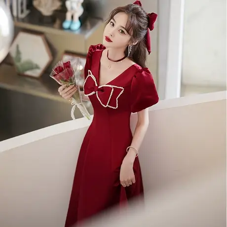 敬酒服新娘2023新款酒红色结婚订婚回门礼服连衣裙女小个子蝴蝶结图片