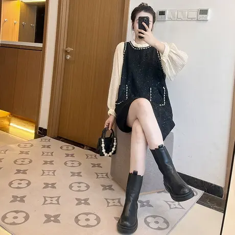 春秋小香风连衣裙女2025新款时尚法式气质长袖假两件裙子大码胖mm图片