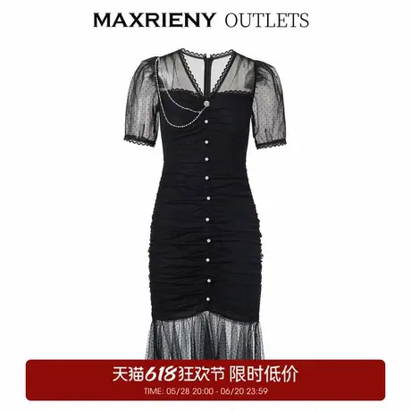 【奥莱】MAXRIENY法式浪漫黑色波点网纱连衣裙夏装复古收腰裙子图片
