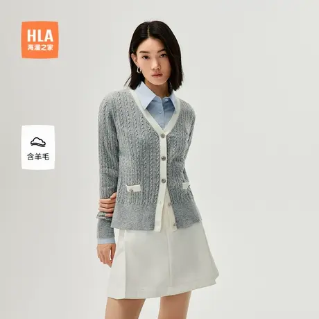 HLA/海澜之家温柔长袖针织开衫24春夏新含羊毛纽扣复古外套女装图片
