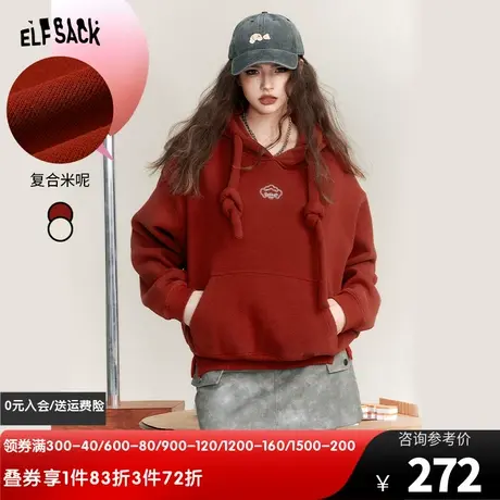 妖精的口袋红色连帽套头加绒卫衣女2023冬季新款小个子宽松套头图片