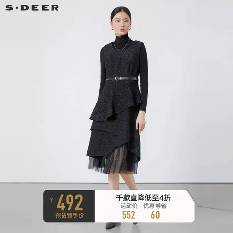 sdeer圣迪奥冬装女装圆领收腰肌理网纱无袖连衣裙S224Z1230图片