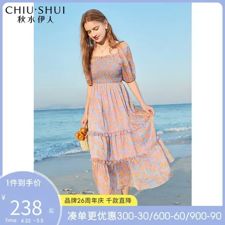 秋水伊人雪纺连衣裙2022年夏装新款女装撞色碎花中长印花裙子女图片