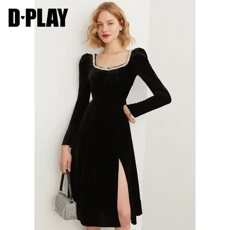 DPLAY秋新法式宫廷风黑色方领丝绒连衣裙性感高腰开衩轻礼服图片