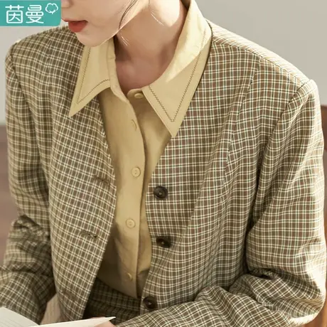 茵曼官方旗舰店2023女装新款秋冬通季勤格纹格子小西装短外套毛呢图片
