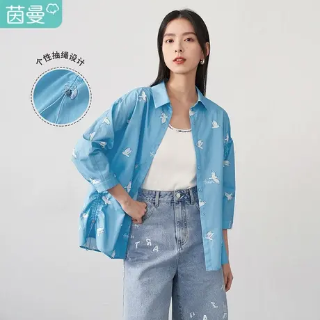 【商场同款】茵曼印花翻领衬衫女士夏季新款别致抽绳纯棉衬衣图片