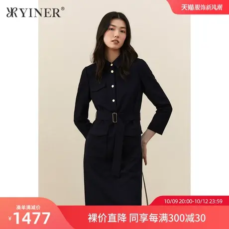 YINER音儿女装冬季新款衬衫领系带羊毛呢连衣裙图片
