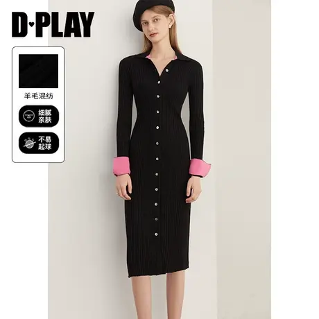 DPLAY2023年冬新气质通勤POLO领黑色撞色设计针织连衣裙图片