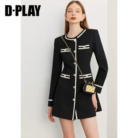 DPLAY春新小香风撞色织带金属扣圆领短款收腰粗花呢连衣裙图片