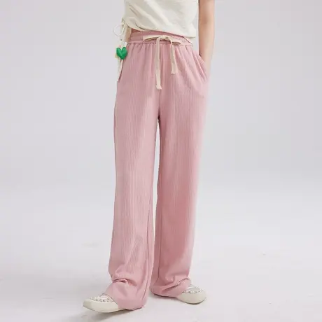 粉色休闲裤小个子裤子女夏季薄款设计感拖地宽松高腰阔腿裤长裤图片