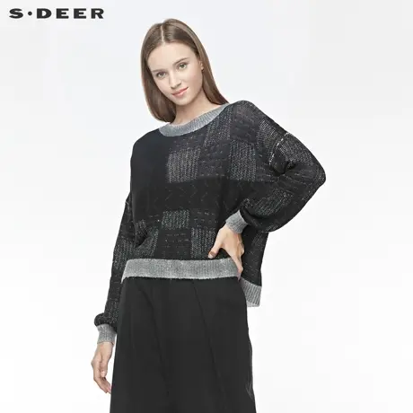 sdeer圣迪奥针织衫撞色拼接开衩落肩袖打底衫女 内搭S194835L1图片
