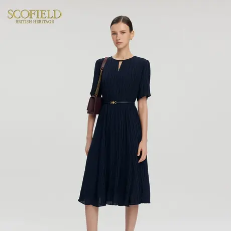 Scofield女知性不规则压褶连衣裙V字镂空收腰连衣长裙2025夏新品图片