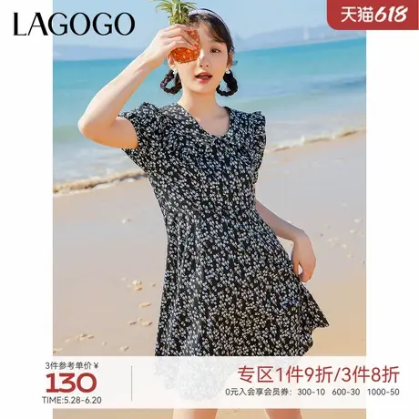 LAGOGO收腰气质甜美短袖连衣裙女拉谷谷夏季款碎花雪纺娃娃领裙子图片