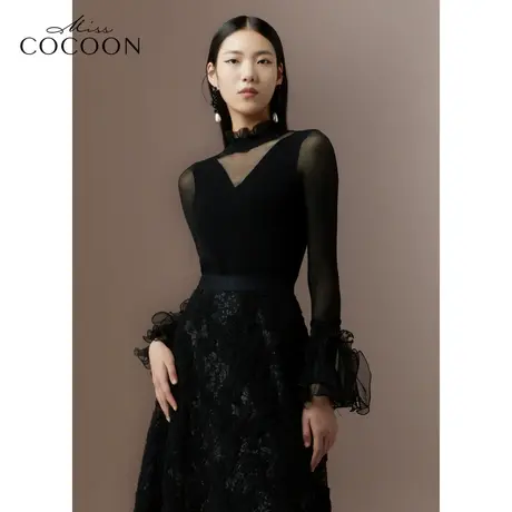 COCOON商场同款2023秋冬新款法式浪漫蕾丝网纱拼接绵羊毛针织衫图片