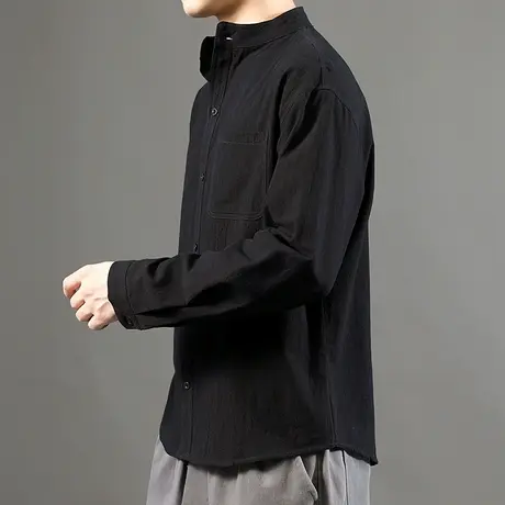 黑色立领衬衫男长袖港风潮流休闲寸衫2020新款男士宽松白衬衣外套图片