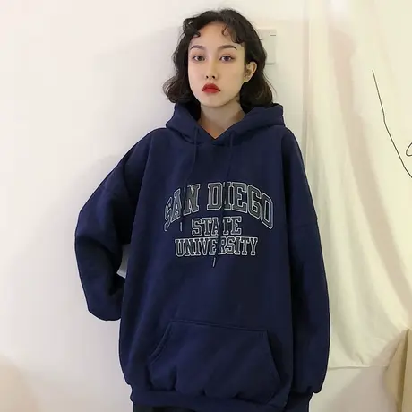 连帽卫衣女秋冬韩版宽松原宿bf慵懒风加绒加厚ins超火cec外套洋气图片