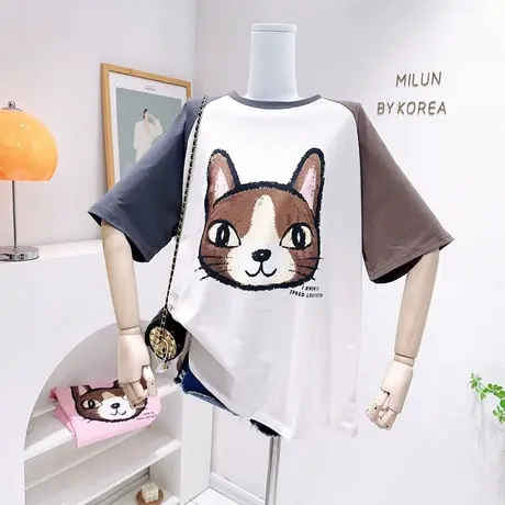 2023春夏款高级感别致上衣韩版猫咪印花宽松大版遮臀短袖T恤欧货图片