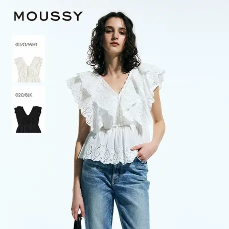 MOUSSY 2025夏季新品海边度假风层叠边短袖V领衬衫010IS730-6131图片