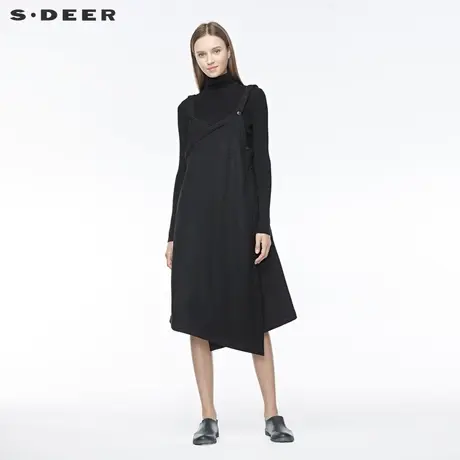 sdeer圣迪奥冬季女装V领拼接插袋不规则黑色背带连衣裙S19481220图片